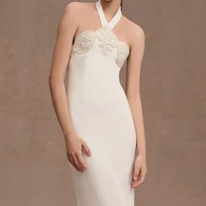 Ronny Kobo Reine Halter Pearl-Embellished Back-Slit Slim Midi Dress